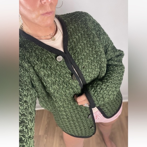 Green Garden Party Heavy Knit Sweater Button Down Over Coat Blazer Jacket Woman - Picture 14 of 15